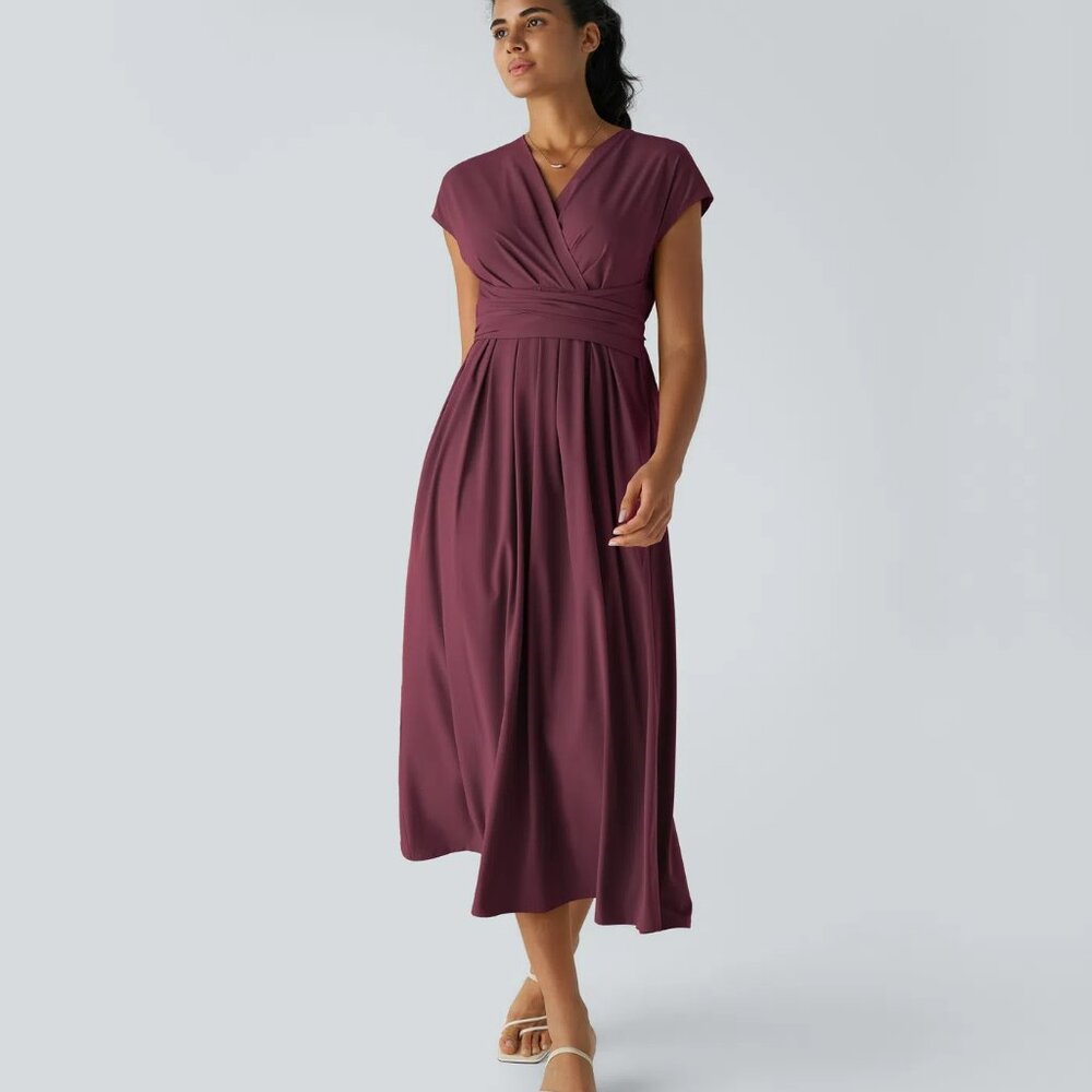 Halara Breezeful Midi Dress Burgundy Large V Neck Cap Sleeves Tie Back Pockets - Picture 2 of 11